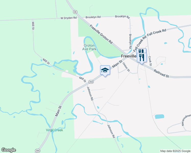 map of restaurants, bars, coffee shops, grocery stores, and more near 52 Main St in Freeville