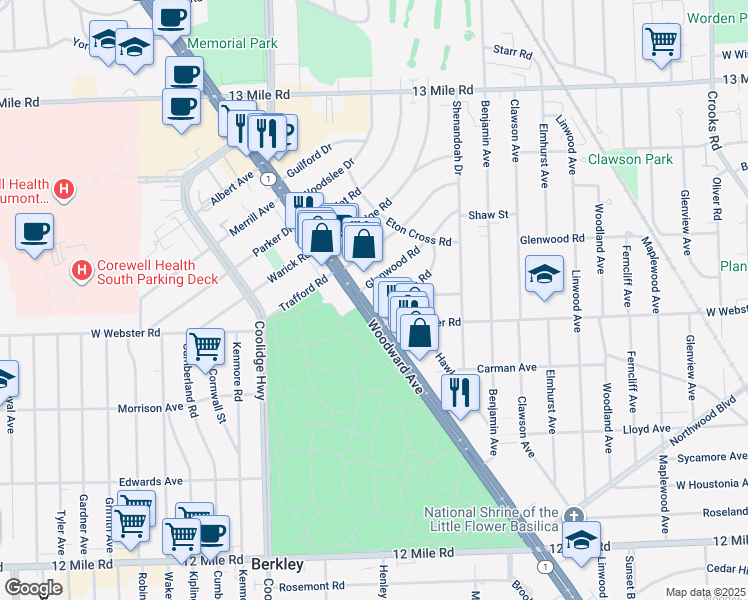 map of restaurants, bars, coffee shops, grocery stores, and more near 30156 Michigan 1 in Royal Oak
