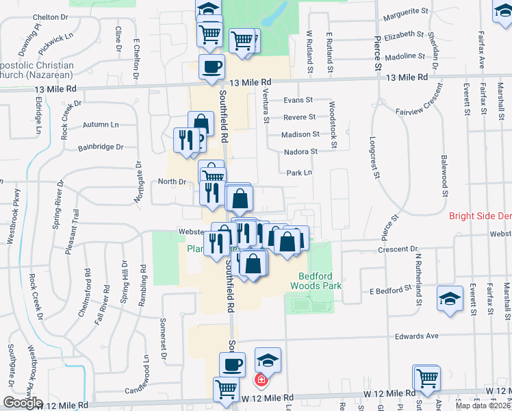 map of restaurants, bars, coffee shops, grocery stores, and more near 30212 Southfield Road in Southfield