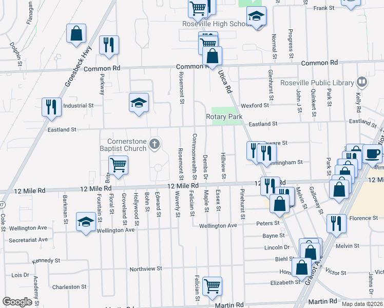 map of restaurants, bars, coffee shops, grocery stores, and more near 29207 Commonwealth St in Roseville
