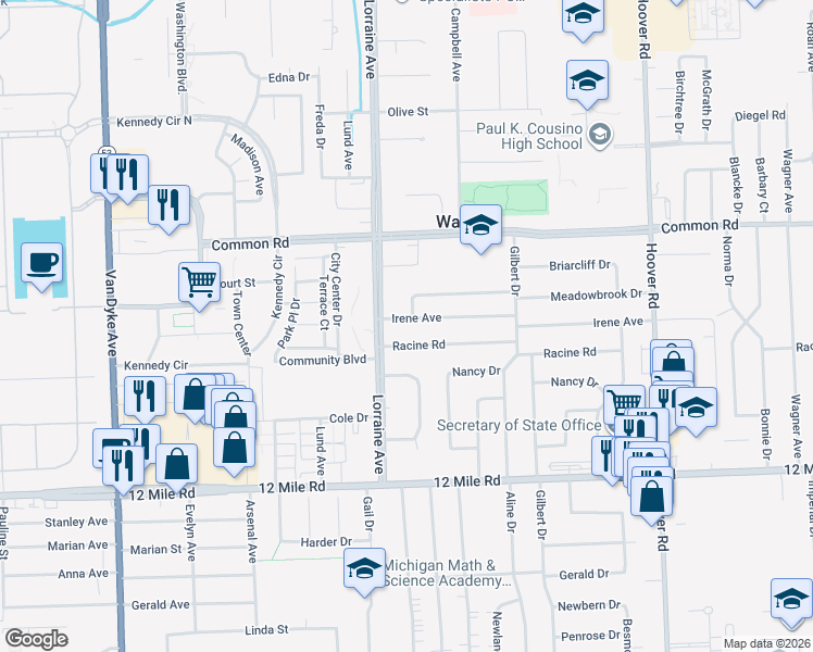 map of restaurants, bars, coffee shops, grocery stores, and more near 11008 Irene Avenue in Warren