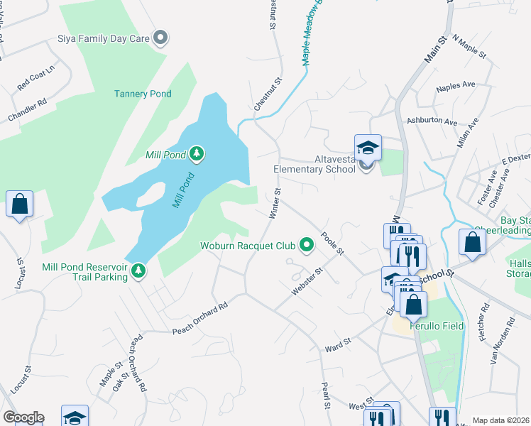 map of restaurants, bars, coffee shops, grocery stores, and more near 16 Winter St in Woburn