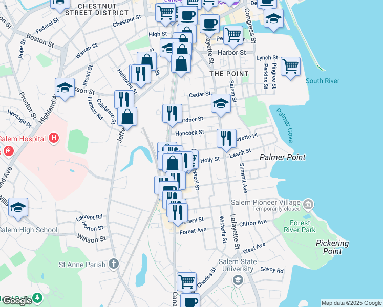 map of restaurants, bars, coffee shops, grocery stores, and more near 2 Hazel Street in Salem