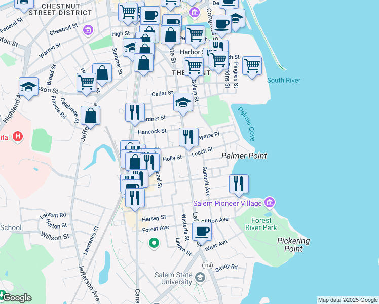 map of restaurants, bars, coffee shops, grocery stores, and more near 235 Lafayette Street in Salem