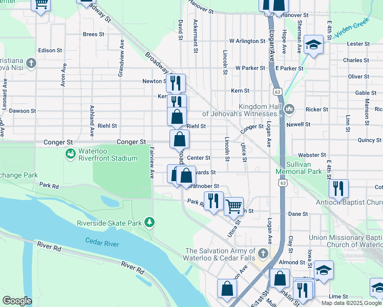 map of restaurants, bars, coffee shops, grocery stores, and more near 442 Center St in Waterloo