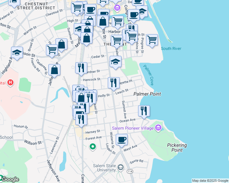 map of restaurants, bars, coffee shops, grocery stores, and more near 235 Lafayette Street in Salem