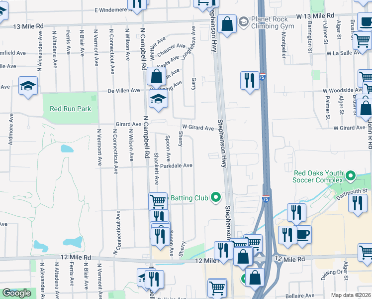 map of restaurants, bars, coffee shops, grocery stores, and more near 29681 Sherry Avenue in Madison Heights