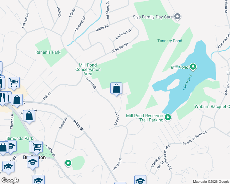 map of restaurants, bars, coffee shops, grocery stores, and more near 15 Makechnie Road in Burlington
