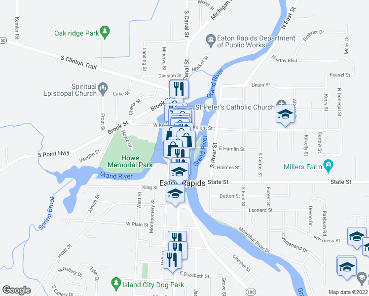 map of restaurants, bars, coffee shops, grocery stores, and more near 203 South Main Street in Eaton Rapids