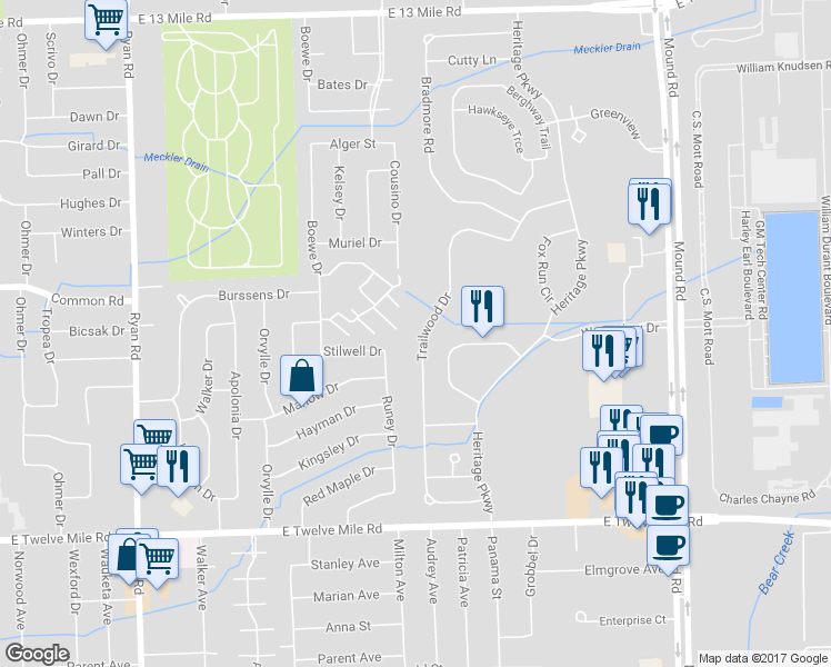map of restaurants, bars, coffee shops, grocery stores, and more near 29663 Trailwood Drive in Warren