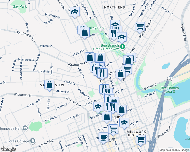 map of restaurants, bars, coffee shops, grocery stores, and more near 2013 Central Avenue in Dubuque