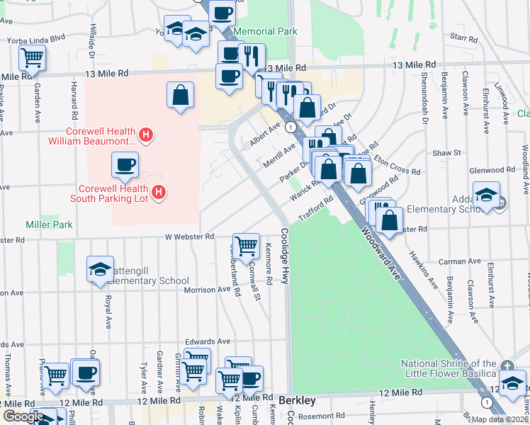 map of restaurants, bars, coffee shops, grocery stores, and more near 3214 Warick Rd in Royal Oak