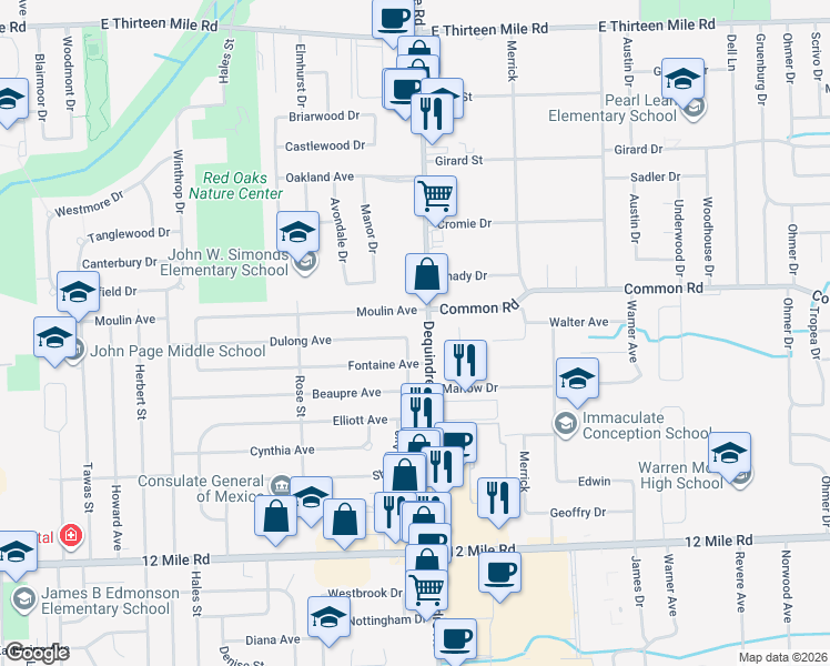 map of restaurants, bars, coffee shops, grocery stores, and more near 1727 Dulong Avenue in Madison Heights
