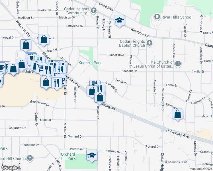 map of restaurants, bars, coffee shops, grocery stores, and more near 2203 Terrace Drive in Cedar Falls