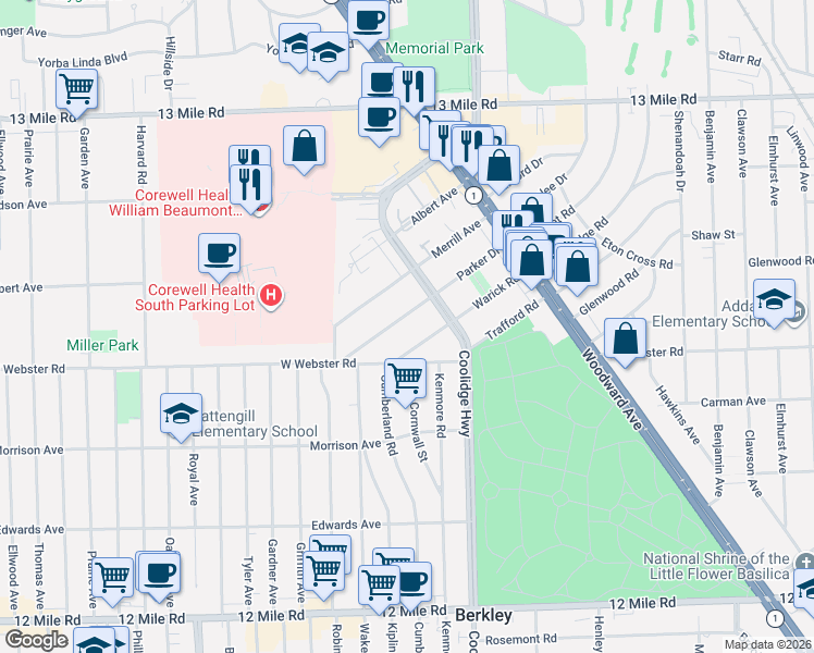 map of restaurants, bars, coffee shops, grocery stores, and more near 3245 Parker Drive in Royal Oak