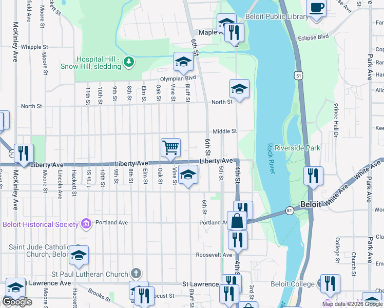 map of restaurants, bars, coffee shops, grocery stores, and more near 1111 Bluff Street in Beloit