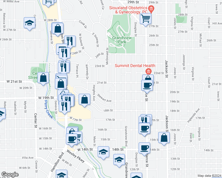 map of restaurants, bars, coffee shops, grocery stores, and more near 2001 Summit Street in Sioux City