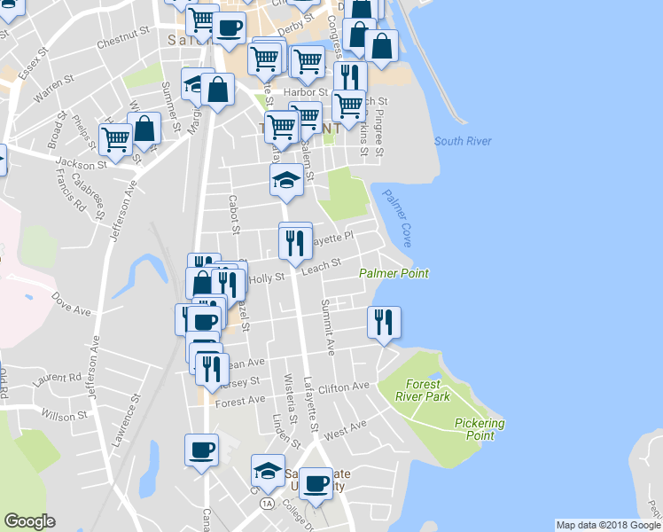 map of restaurants, bars, coffee shops, grocery stores, and more near 38 Leach Street in Salem