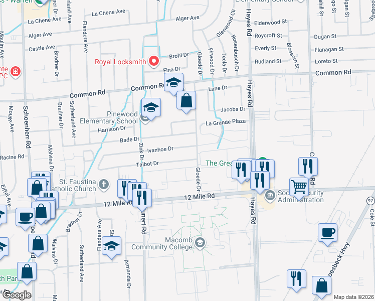 map of restaurants, bars, coffee shops, grocery stores, and more near 14720 Ivanhoe Drive in Warren