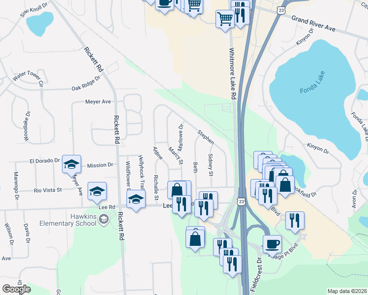 map of restaurants, bars, coffee shops, grocery stores, and more near 6259 Marlowe Drive in Brighton