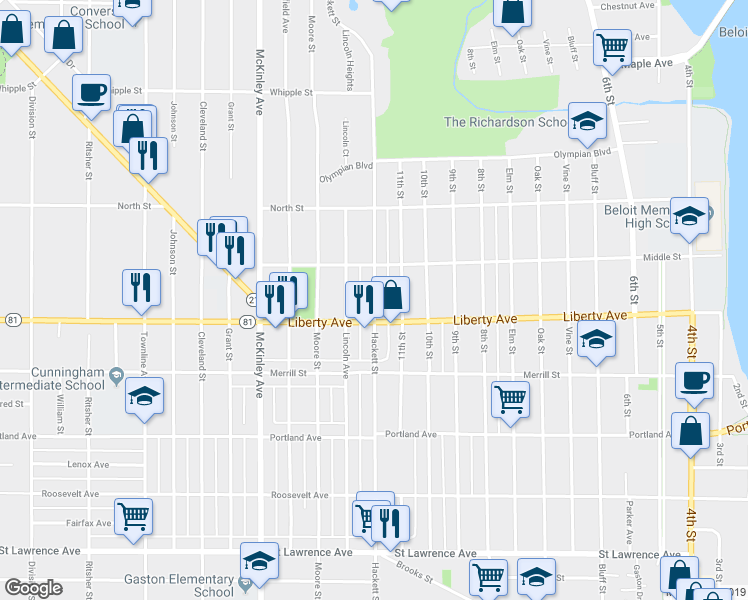map of restaurants, bars, coffee shops, grocery stores, and more near 1122 Hackett Street in Beloit