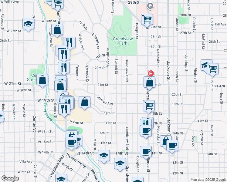 map of restaurants, bars, coffee shops, grocery stores, and more near 2005 Summit Street in Sioux City