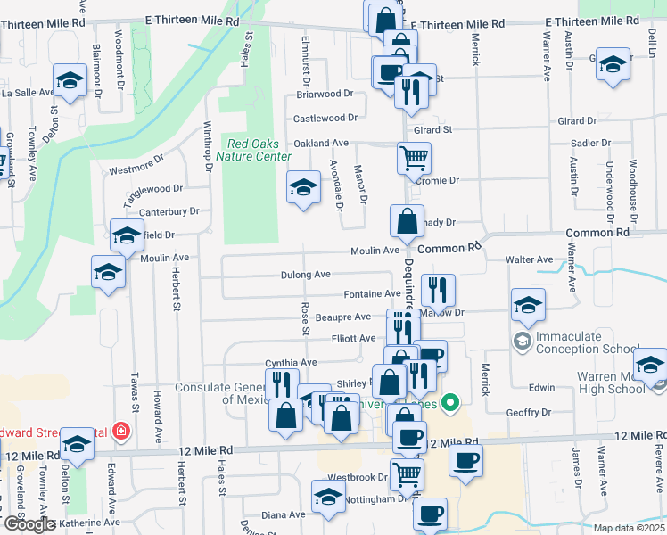 map of restaurants, bars, coffee shops, grocery stores, and more near 1569 Dulong Avenue in Madison Heights
