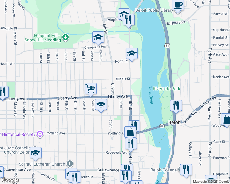 map of restaurants, bars, coffee shops, grocery stores, and more near 1115 6th Street in Beloit