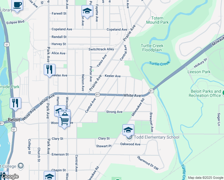 map of restaurants, bars, coffee shops, grocery stores, and more near 1223 Partridge Avenue in Beloit