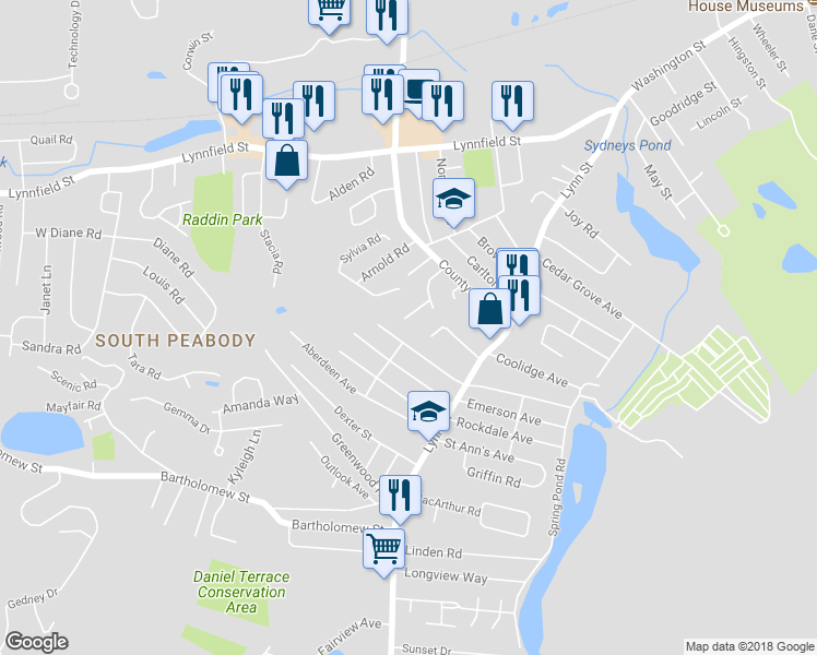 map of restaurants, bars, coffee shops, grocery stores, and more near 8 Katina Lane in Peabody