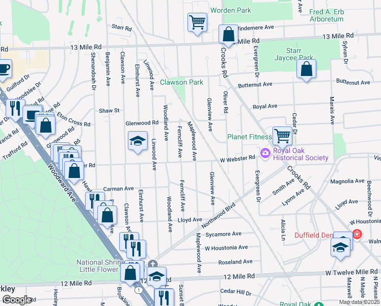 map of restaurants, bars, coffee shops, grocery stores, and more near 2517 Maplewood Avenue in Royal Oak