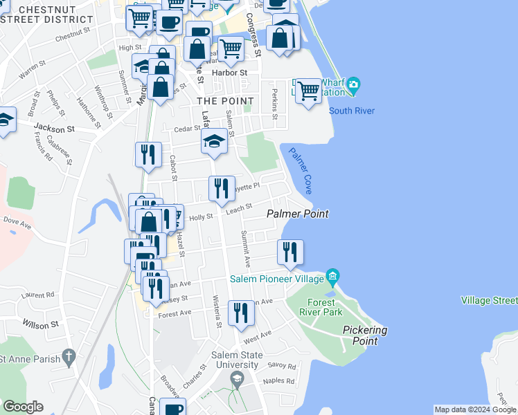 map of restaurants, bars, coffee shops, grocery stores, and more near 38 Leach Street in Salem