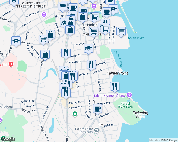 map of restaurants, bars, coffee shops, grocery stores, and more near 235 Lafayette Street in Salem