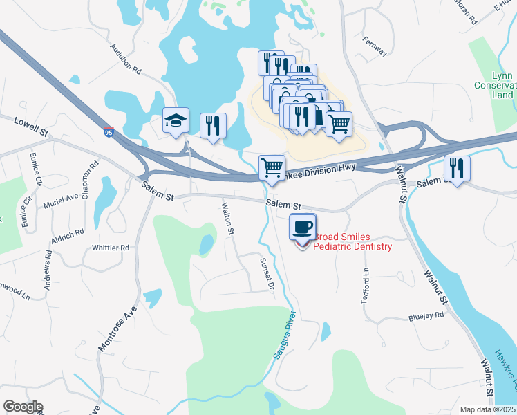map of restaurants, bars, coffee shops, grocery stores, and more near 2 Salem Street in Lynnfield