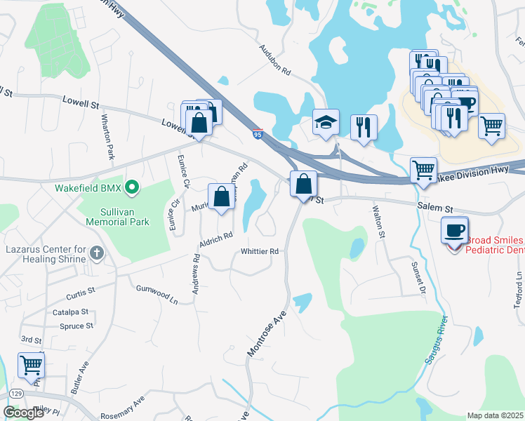 map of restaurants, bars, coffee shops, grocery stores, and more near 410 Salem Street in Wakefield