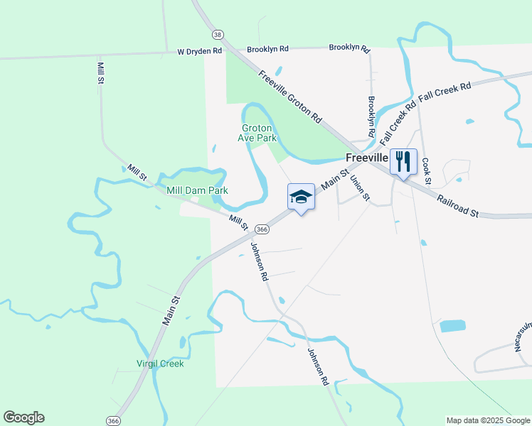 map of restaurants, bars, coffee shops, grocery stores, and more near 52 Main St in Freeville
