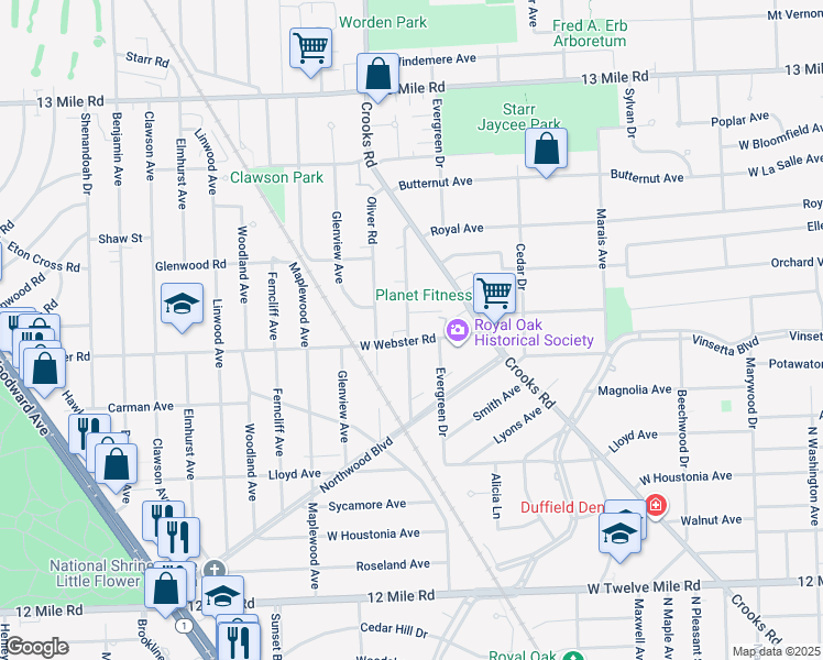 map of restaurants, bars, coffee shops, grocery stores, and more near 2505 Galpin Avenue in Royal Oak