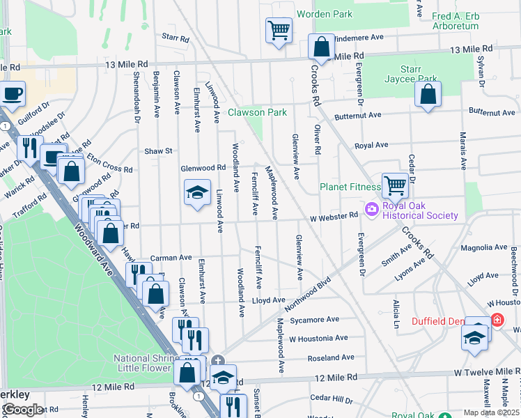 map of restaurants, bars, coffee shops, grocery stores, and more near 2517 Maplewood Avenue in Royal Oak