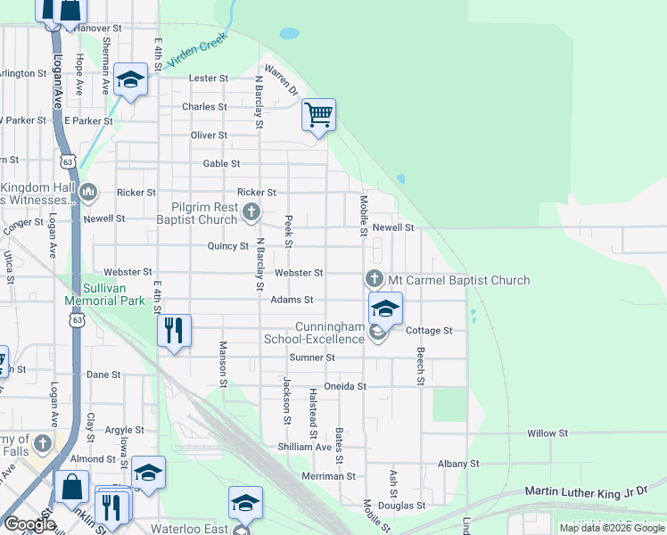 map of restaurants, bars, coffee shops, grocery stores, and more near 601-699 Webster Street in Waterloo
