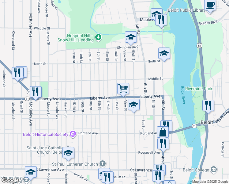 map of restaurants, bars, coffee shops, grocery stores, and more near 1116 Oak Street in Beloit