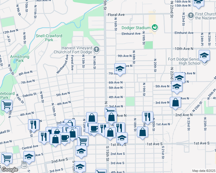 map of restaurants, bars, coffee shops, grocery stores, and more near 503 North 15th Street in Fort Dodge