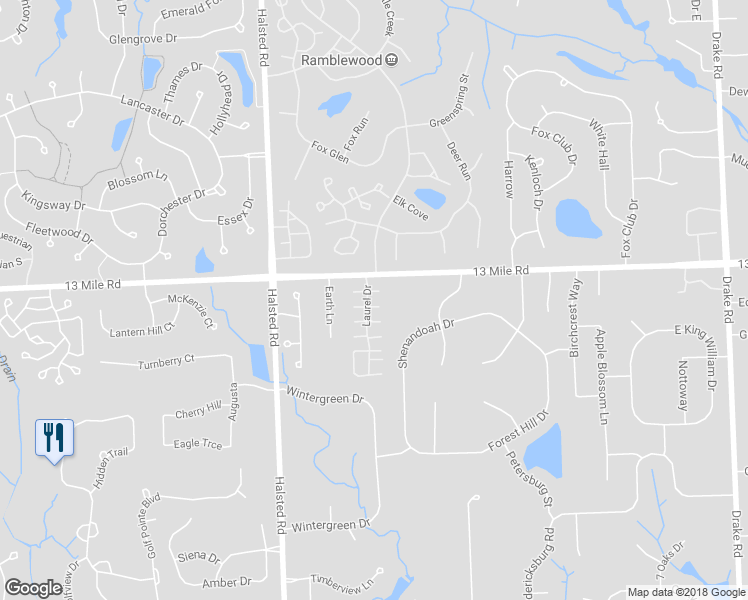 map of restaurants, bars, coffee shops, grocery stores, and more near 29439 Laurel Drive in Farmington Hills