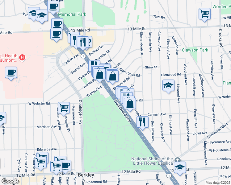 map of restaurants, bars, coffee shops, grocery stores, and more near 30156 Michigan 1 in Royal Oak