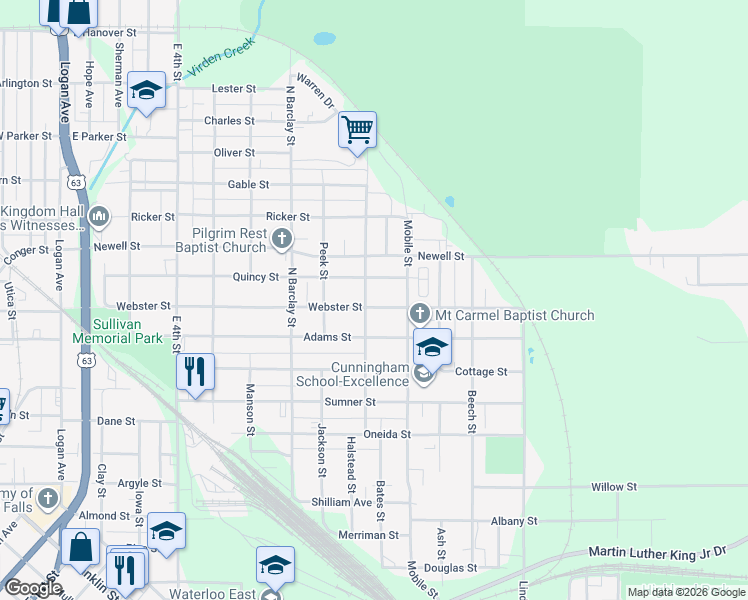 map of restaurants, bars, coffee shops, grocery stores, and more near 707 Webster Street in Waterloo