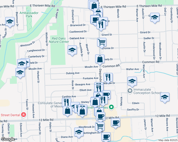 map of restaurants, bars, coffee shops, grocery stores, and more near 1659 Dulong Avenue in Madison Heights