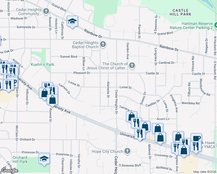 map of restaurants, bars, coffee shops, grocery stores, and more near 2801 Loma Street in Cedar Falls