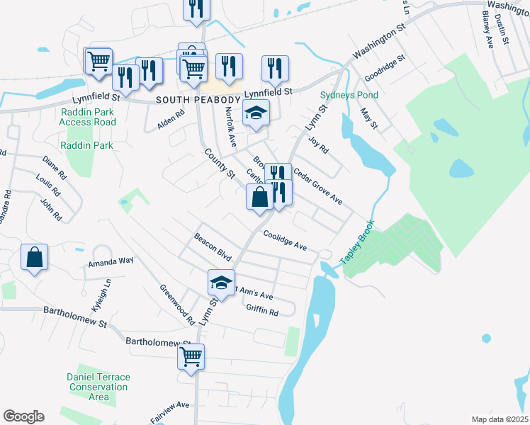 map of restaurants, bars, coffee shops, grocery stores, and more near 93 Lynn Street in Peabody