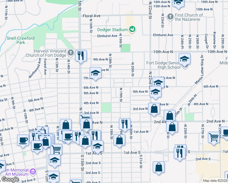 map of restaurants, bars, coffee shops, grocery stores, and more near 443 N 18th St in Fort Dodge