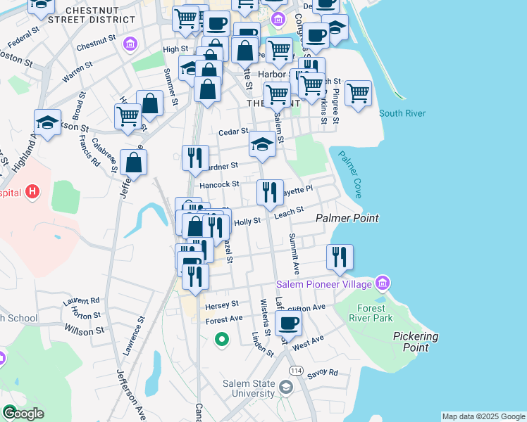 map of restaurants, bars, coffee shops, grocery stores, and more near 235 Lafayette Street in Salem