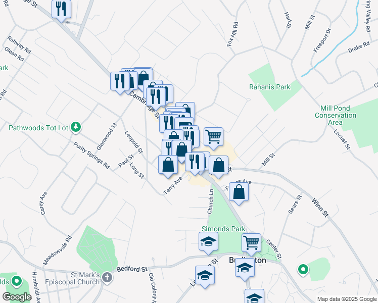 map of restaurants, bars, coffee shops, grocery stores, and more near 184 Cambridge Street in Burlington